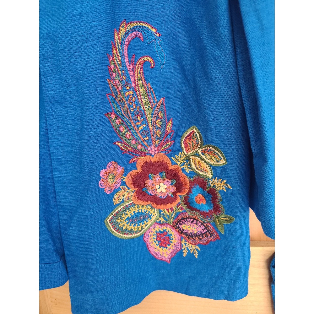Vintage Dana Kay Linen Rayon 10 Blue Embroidered Dress & Jacket Set Boho Bright - Picture 5 of 13